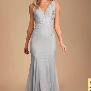 Lulus Ballroom Beauty Grey Lace Swiss Maxi dress